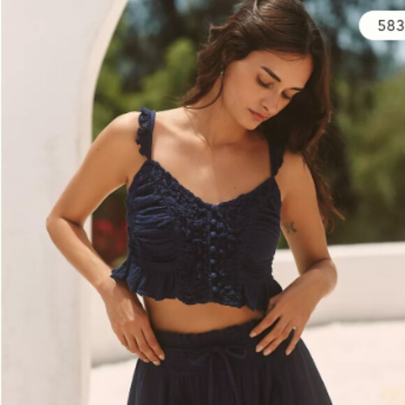 NEW Anthropologie Celandine Peasant Boho Smocked Strappy Crop Top Size Large - Picture 3 of 3